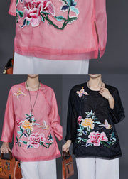 Black Floral Organza Shirt Tops Embroidered Butterfly Summer