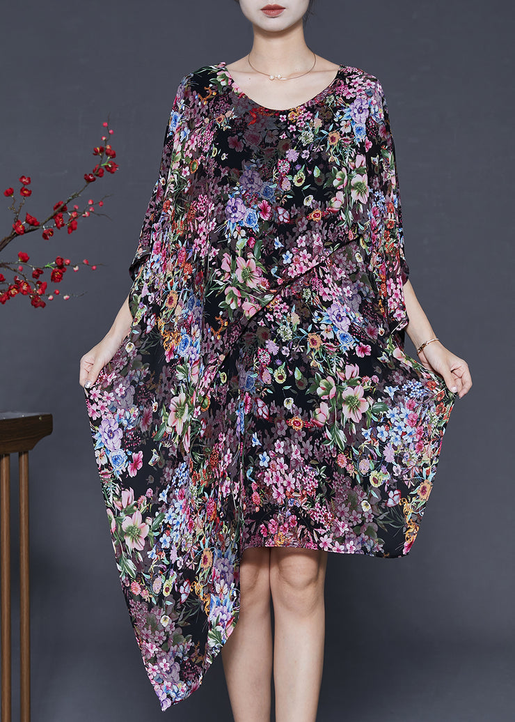 Black Floral Print Chiffon Dress Asymmetrical Design Summer