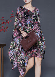 Black Floral Print Chiffon Dress Asymmetrical Design Summer