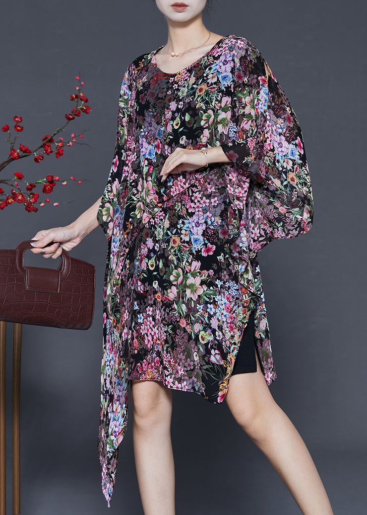 Black Floral Print Chiffon Dress Asymmetrical Design Summer