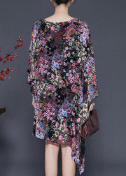 Black Floral Print Chiffon Dress Asymmetrical Design Summer