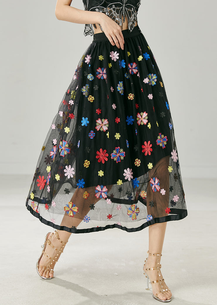 Black Floral Tulle Holiday Skirt Embroidered Summer