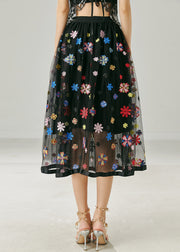 Black Floral Tulle Holiday Skirt Embroidered Summer