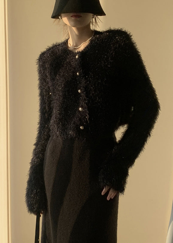 Black Fluffy Solid Knit Cardigan O-Neck Spring