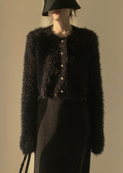 Black Fluffy Solid Knit Cardigan O-Neck Winter