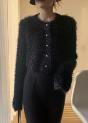 Black Fluffy Solid Knit Cardigan O-Neck Spring