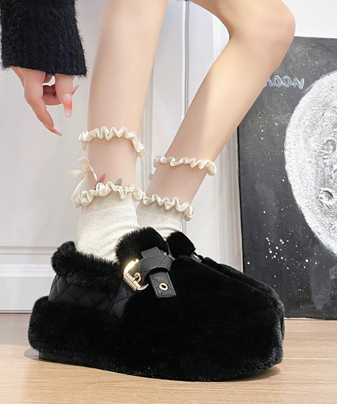 Black Fuzzy Wool Lined Platform Stylish Splicing Flat Shoes