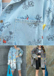 Black Grey Graphic Patchwork Denim Shirts Coat Peter Pan Collar Spring