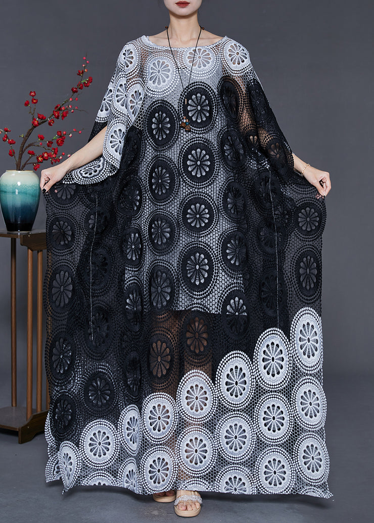 Black Grey Patchwork Lace Long Smock Hollow Out Summer