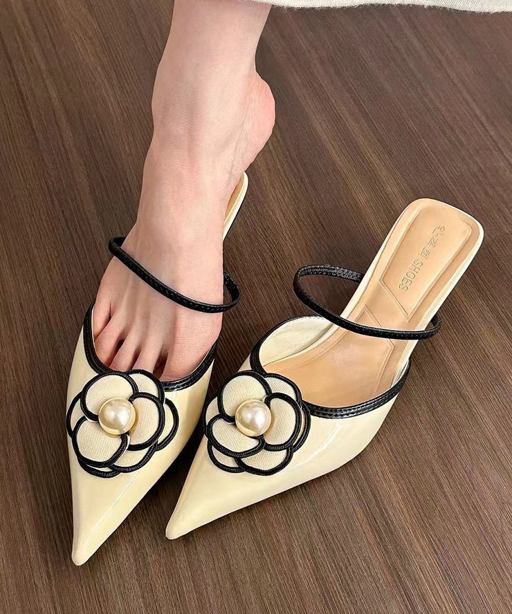 Black High Heel Floral Splicing Slide Sandals Pointed Toe