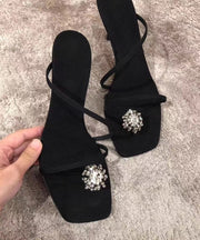 Black High Heel Slippers Faux Leather Stylish Splicing Zircon