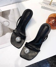 Black High Heel Slippers Faux Leather Stylish Splicing Zircon