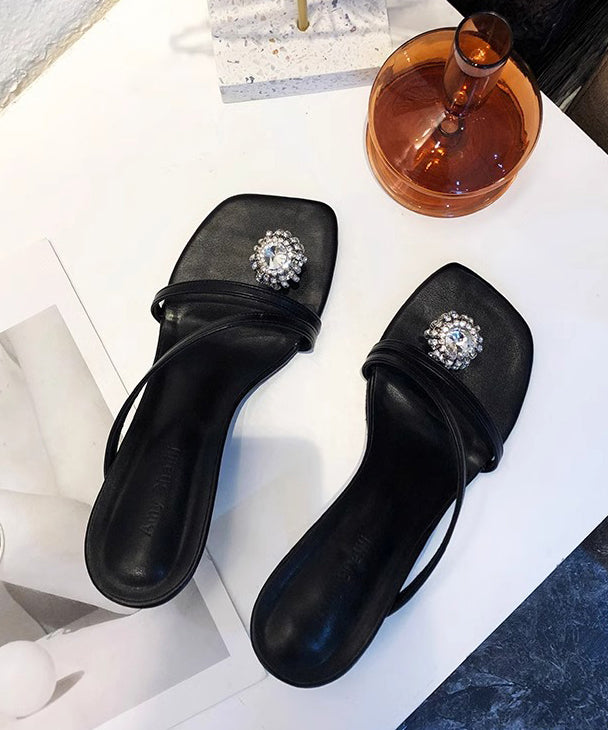 Black High Heel Slippers Faux Leather Stylish Splicing Zircon