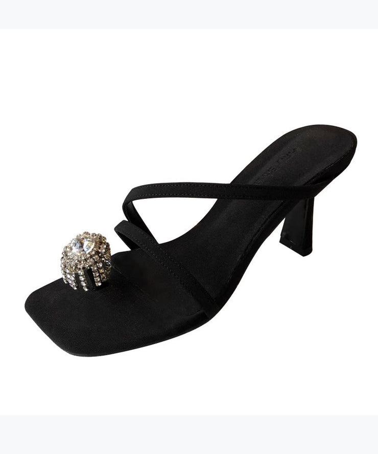 Black High Heel Slippers Faux Leather Stylish Splicing Zircon