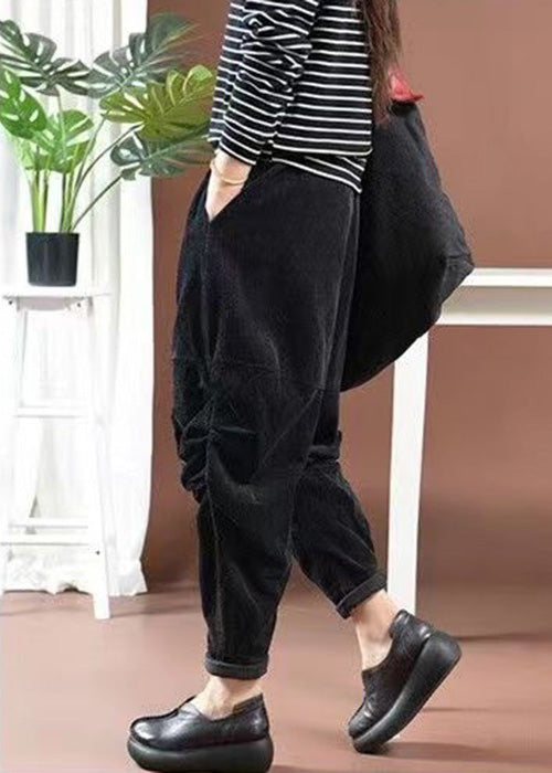 Black High Waist Corduroy Crop Pants Pockets Spring