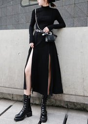 Black High Waist Cotton Long Dresses Side Open Spring