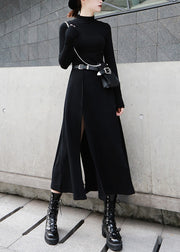 Black High Waist Cotton Long Dresses Side Open Spring