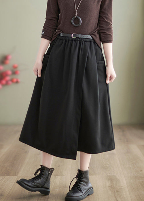 Black High Waist Patchwork Woolen A Line Skirts Asymmetrical