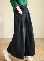 Black High Waist Pockets Denim Wide Leg Pants Pockets Fall