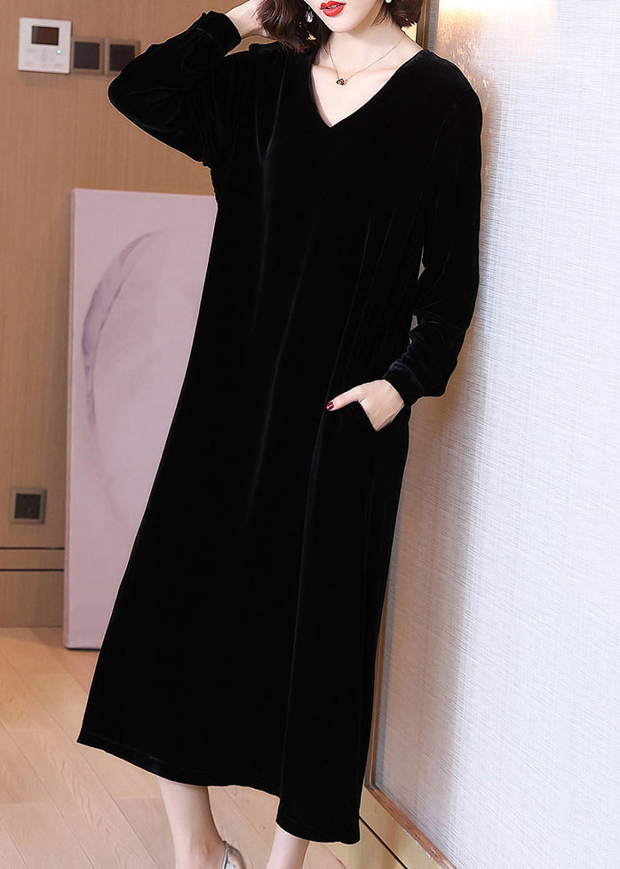 Black High Waist Silk Velour Long Dress V Neck Spring