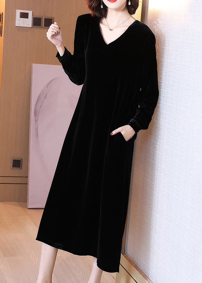 Black High Waist Silk Velour Long Dress V Neck Spring