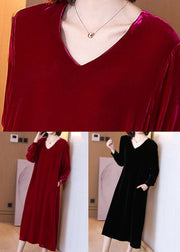 Black High Waist Silk Velour Long Dress V Neck Spring