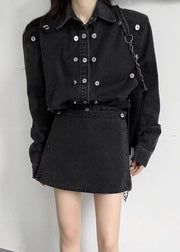 Black High Waist Two Piece Set Peter Pan Collar Long Sleeve