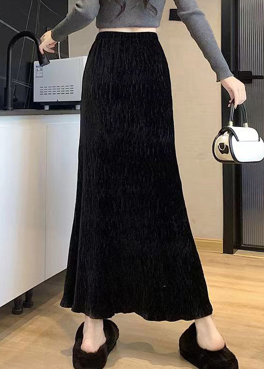 Black High Waist Velour Fish Tail Skirt Elastic Waist Spring