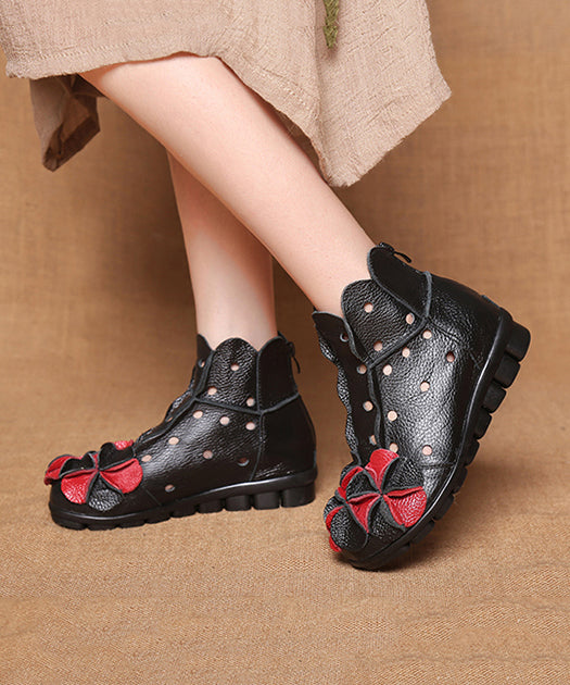 Black Hollow Out Boots Cowhide Leather Comfy Splicing Floral