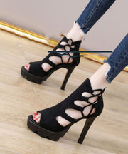 Black Hollow Out Genuine Leather High Heels Peep Toe Platform High Heels