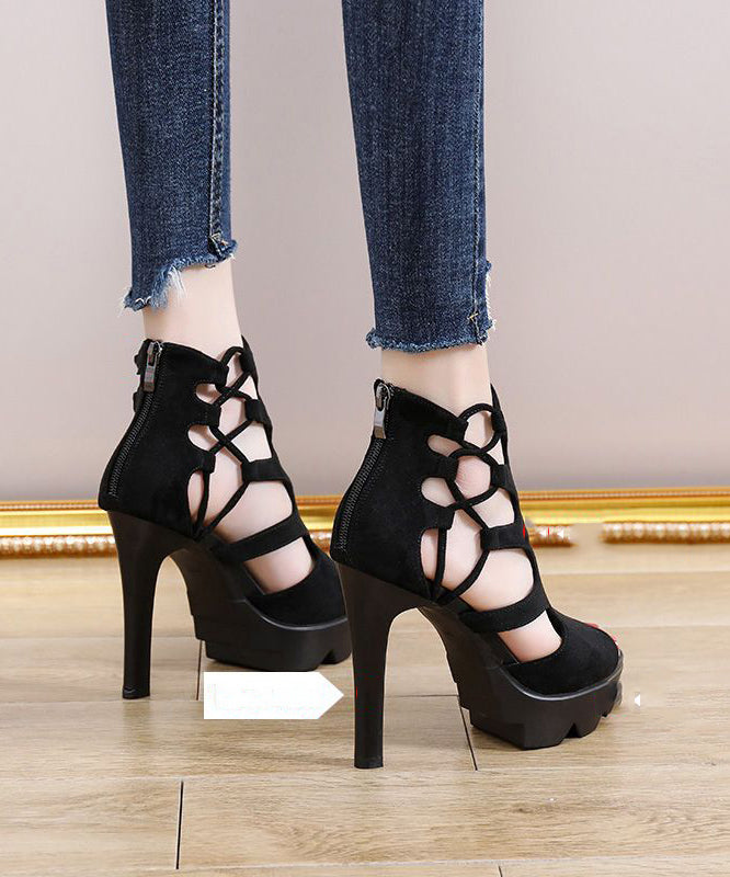 Black Hollow Out Genuine Leather High Heels Peep Toe Platform High Heels