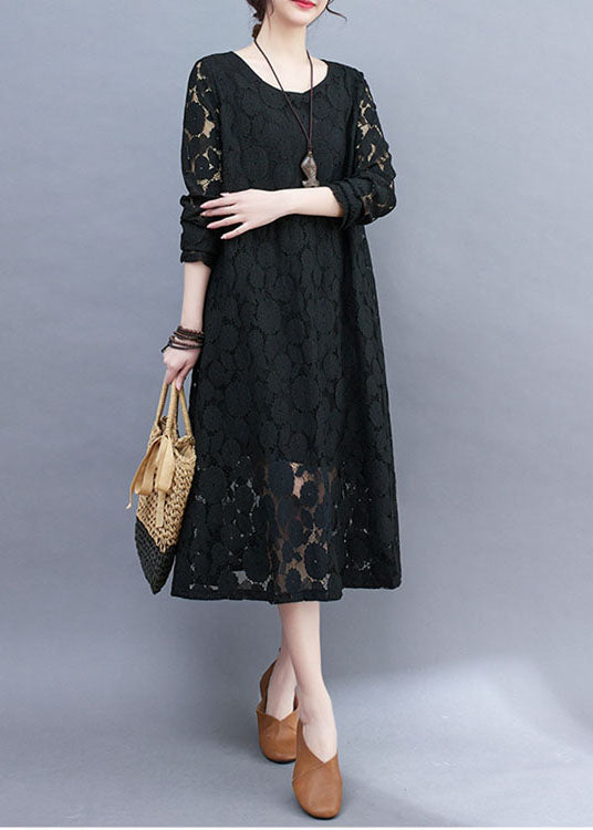 Black Hollow Out Lace A Line Dress O-Neck Summer