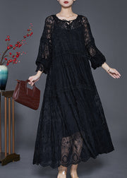 Black Hollow Out Lace Long Dress Two Pieces Set Embroidered Spring