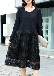 Black Hollow Out Lace Patchwork Knit Dress O Neck Spring