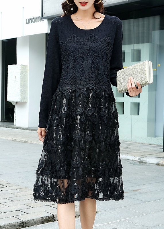 Black Hollow Out Lace Patchwork Knit Dress O Neck Spring