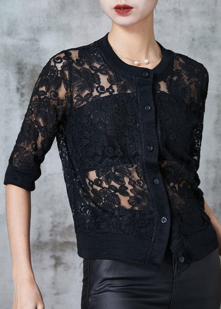 Black Hollow Out Lace UPF 50+ Tops Summer