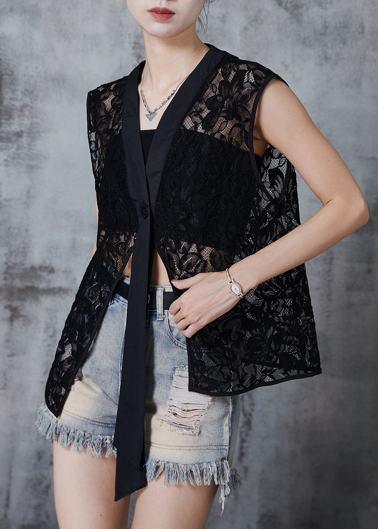 Black Hollow Out Lace Vests Asymmetrical Design Sleeveless