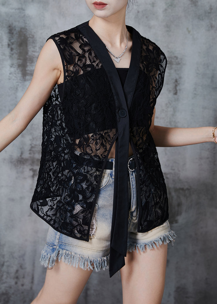 Black Hollow Out Lace Vests Asymmetrical Design Sleeveless