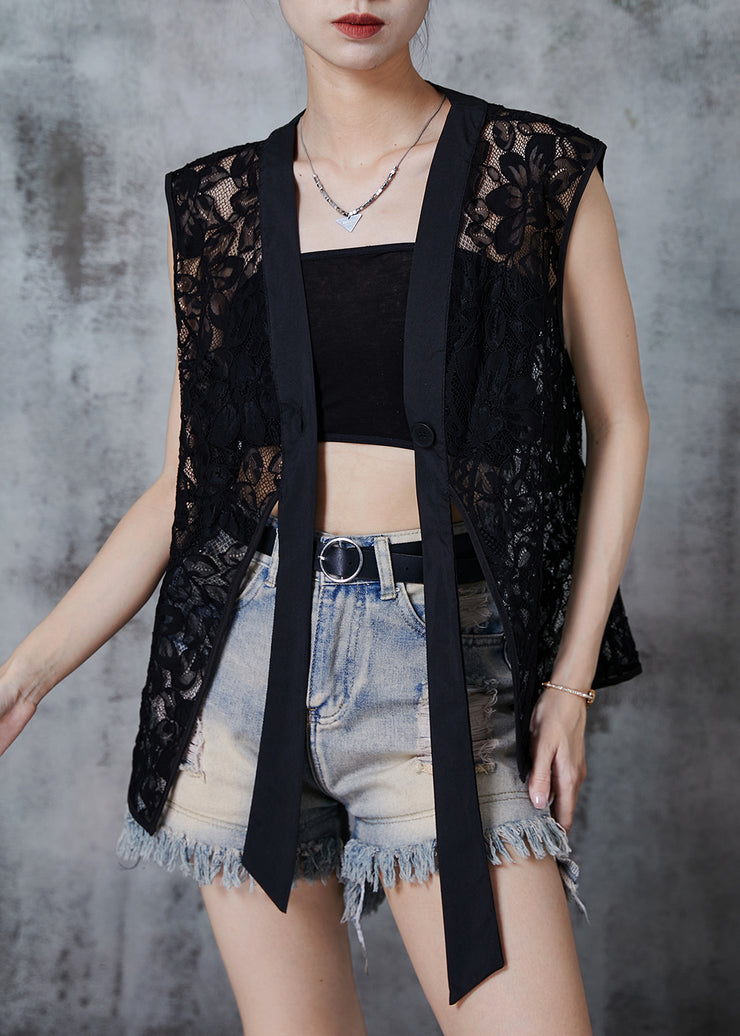 Black Hollow Out Lace Vests Asymmetrical Design Sleeveless