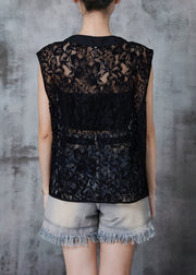 Black Hollow Out Lace Vests Asymmetrical Design Sleeveless