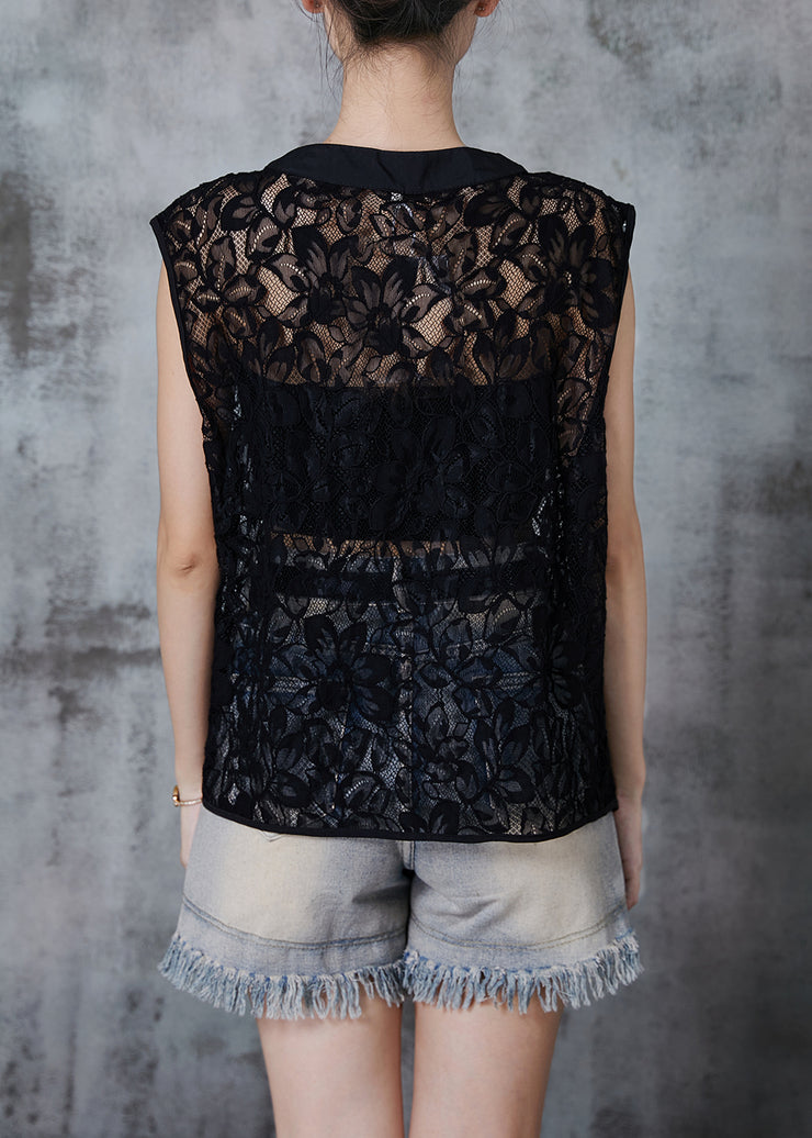 Black Hollow Out Lace Vests Asymmetrical Design Sleeveless