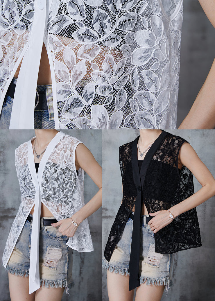 Black Hollow Out Lace Vests Asymmetrical Design Sleeveless