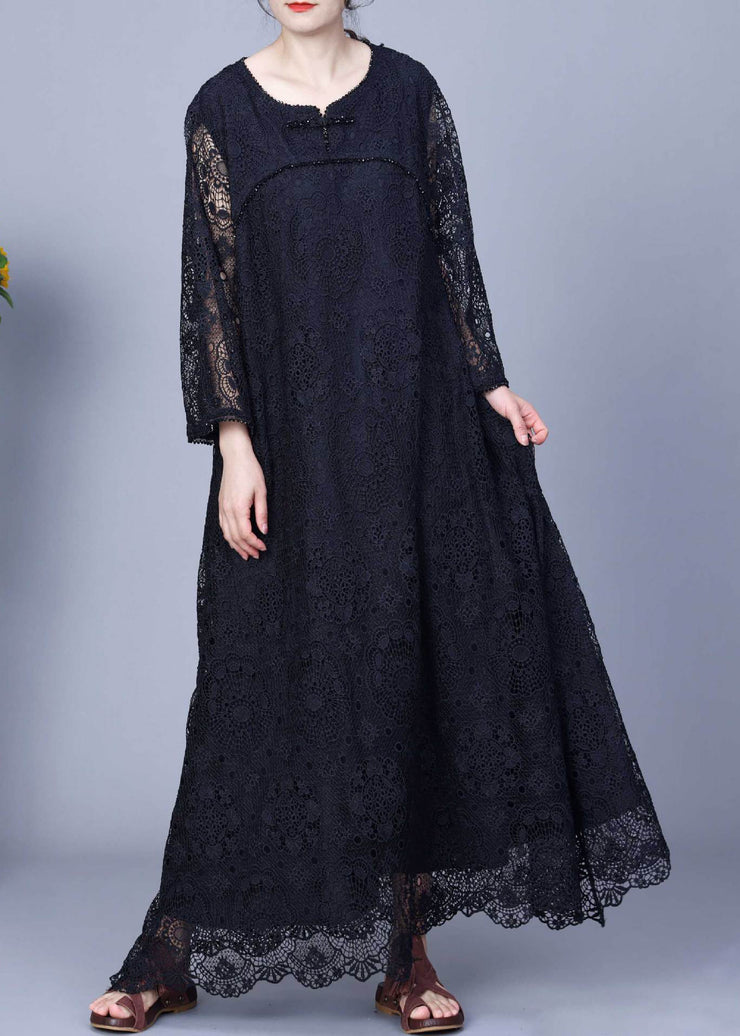 Black Hollow Out Patchwork Lace Long Dresses O-Neck Long Sleeve