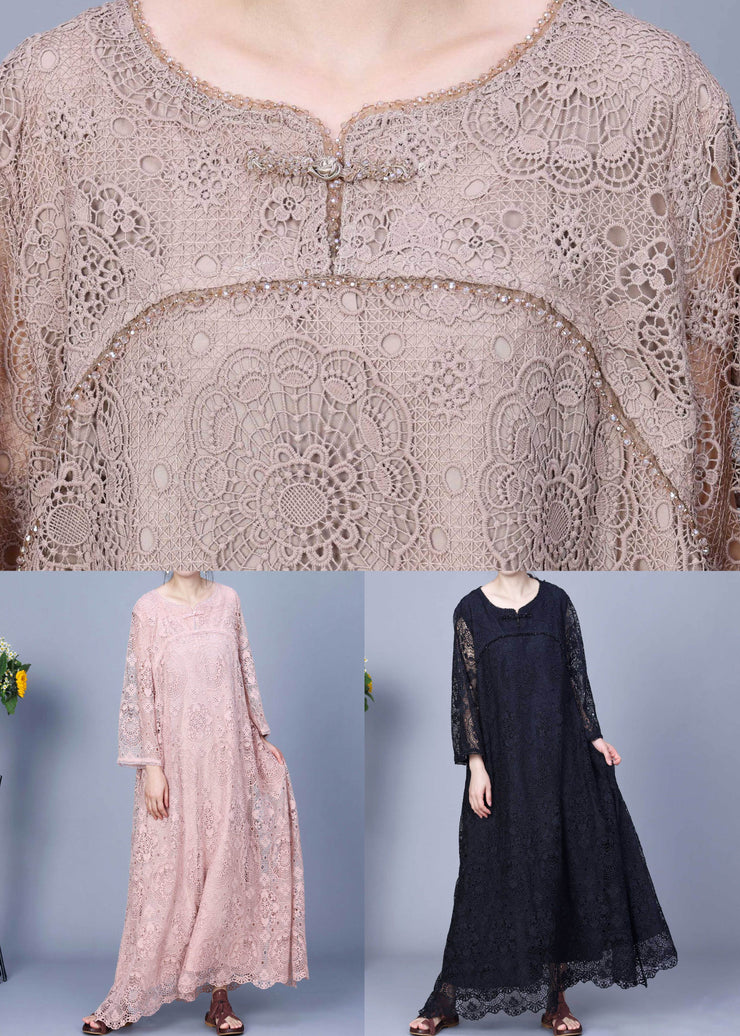 Black Hollow Out Patchwork Lace Long Dresses O-Neck Long Sleeve