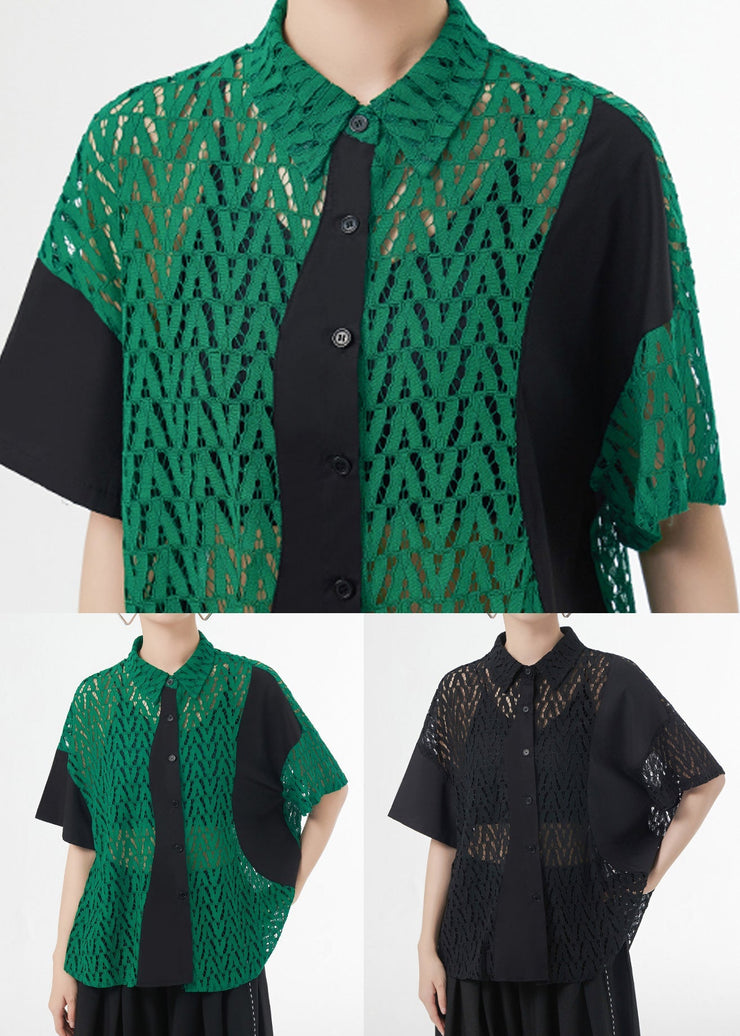 Black Hollow Out Patchwork Lace Shirt Top Peter Pan Collar Short Sleeve