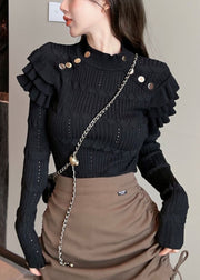 Black Hollow Out Solid Knit Sweater Ruffled Winter