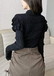 Black Hollow Out Solid Knit Sweater Ruffled Winter