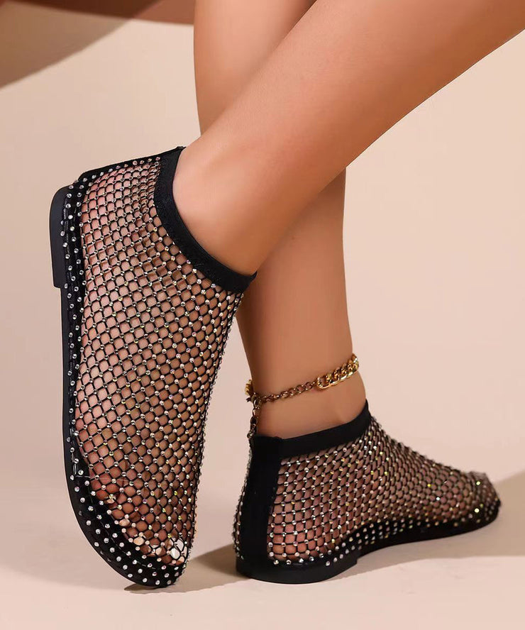 Black Hollow Out Zircon Flat Sandals Breathable Mesh 2025 New