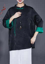 Black Jacquard Chinese Style Silk Shirt Top Chinese Button Fall