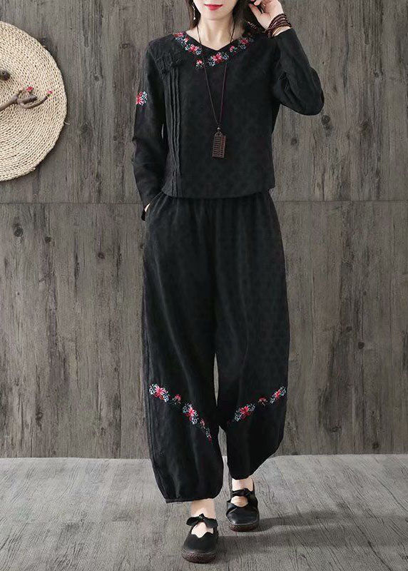 Black Jacquard Cotton Two Piece Set Women Clothing Embroideried Oriental Button Spring